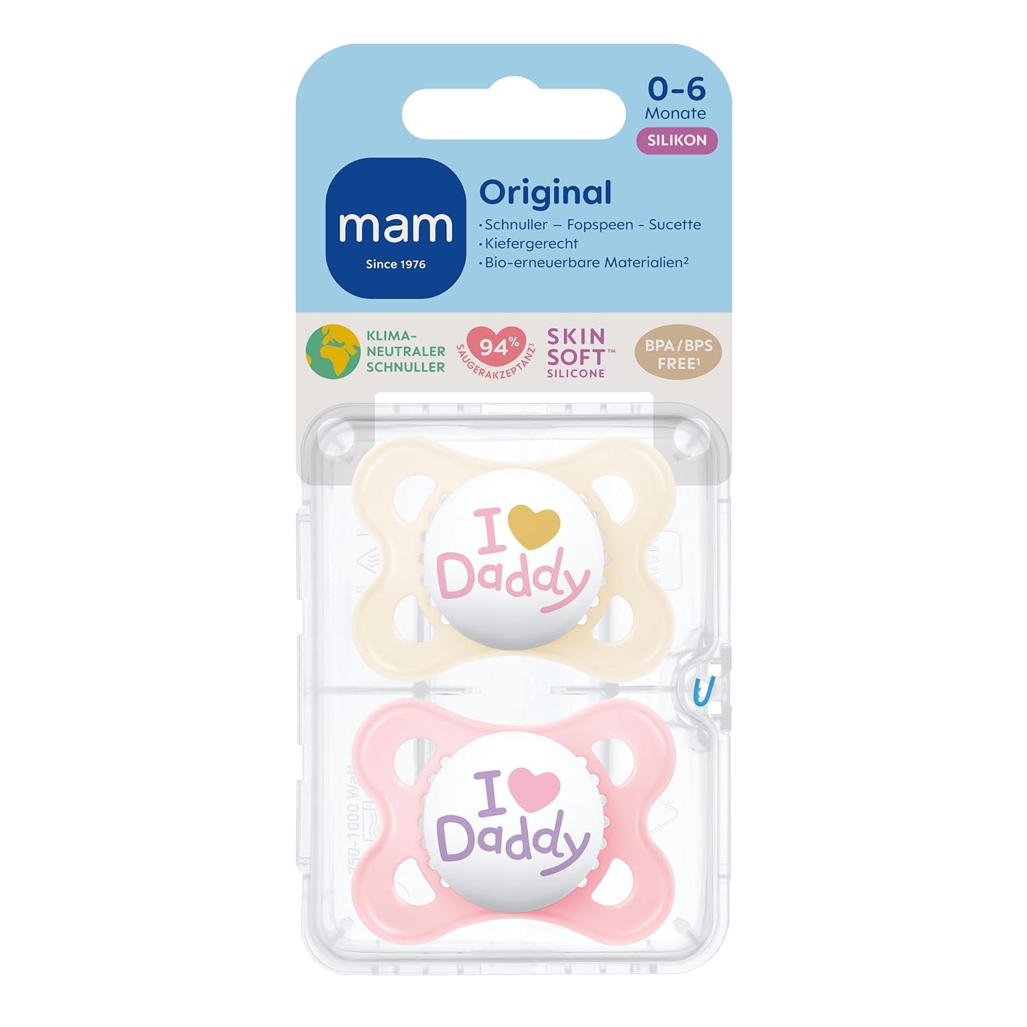 MAM Original Schnuller im 2er-Set, zahnfreundlicher Baby Schnuller aus nachhaltigen & bio-erneuerbaren Materialien, Sauger aus MAM SkinSoft Silikon, mit Schnullerbox, 0-6 Monate, blau/beige - Meloni2
