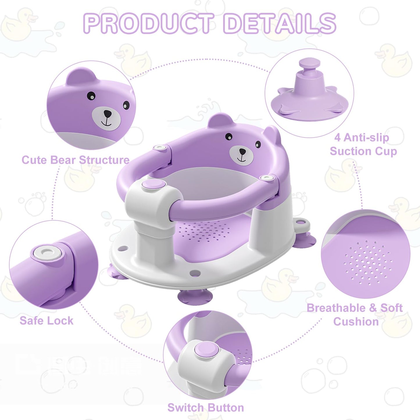 Baby Bath Seat from 6 Months, Bear Non-Slip Bath Seat Baby with 4 Suction Cups and Cushions for Toddlers and Newborns, Safe Portable Bath Chair for Shower or Bathtub, Pink
