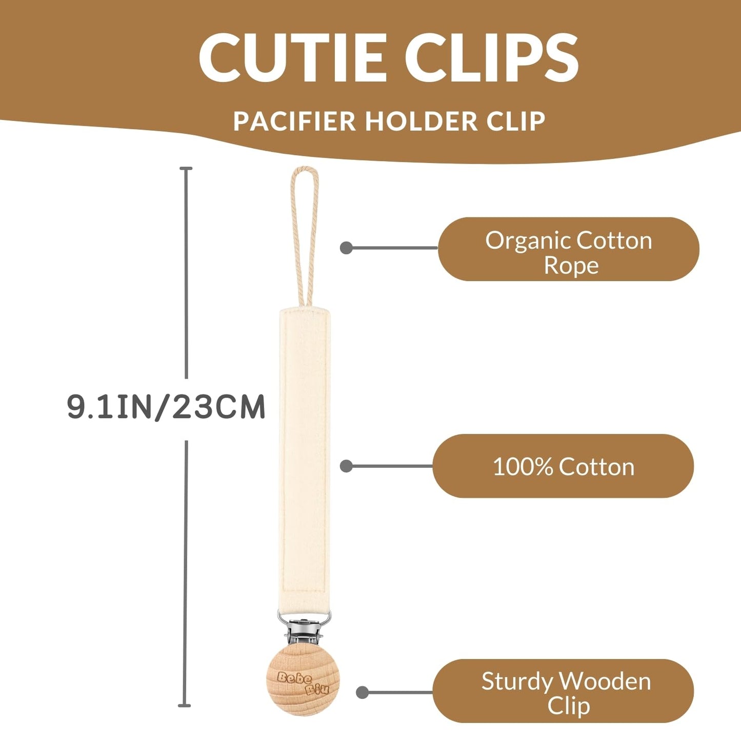 BebeBiu Pacifier Chain, 2-Pack Fabric Pacifier Strap, Extra Soft Fabric Strap with Wooden Clip, Pacifier Chain for Boys, Pacifier Chain for Girls, Pacifier Clip for Newborns (Cream/Blush) 