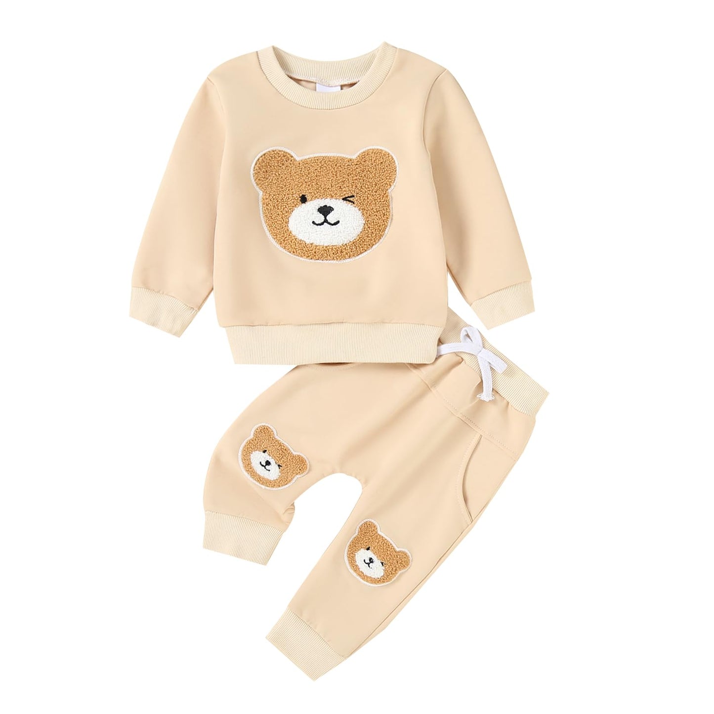 Carolilly Baby Suit 2-Piece Clothing Outfit Baby Clothing Set Cute Long Sleeve Sweatshirt Embroidered Bear + Long Trousers Warm Children's Suit Autumn Spring