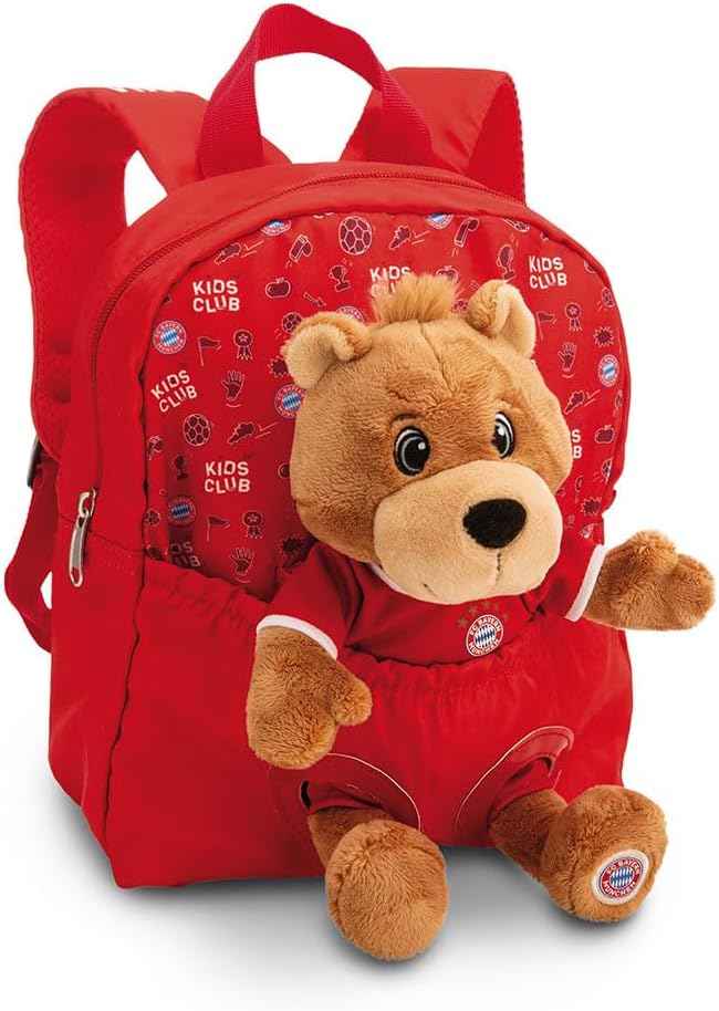 NICI Backpack 21 x 26 cm with Cuddly Toy Bear Berni 25 cm FC Bayern Munich - Red - Removable Fluffy Plush Toy, Nursery & Nursery Backpack with NICI Cuddly Toy for Boys and Girls - 61617