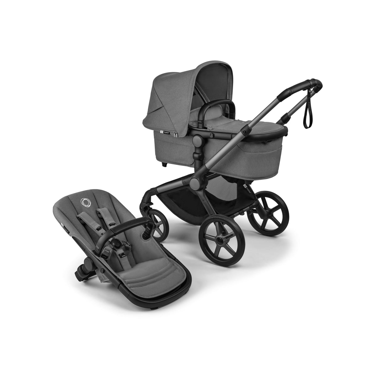 Bugaboo Fox 5 Renew, 2-in-1 Kinderwagen für jedes Gelände, mit Liegewanne | ausziehbarer Kleinkindsitz, praktische Ein-Hand Faltung, Fahrgestell in Schwarz und Sonnendach in Forest Green ab Lager