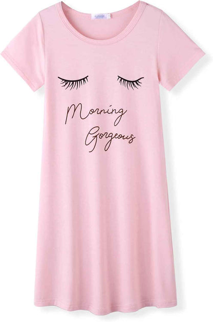 Arshiner Nightdress Girls Short Sleeve Pyjamas Children's Sleep Dress Cat Unicorn Crew Neck Night Dress 4-12 Years