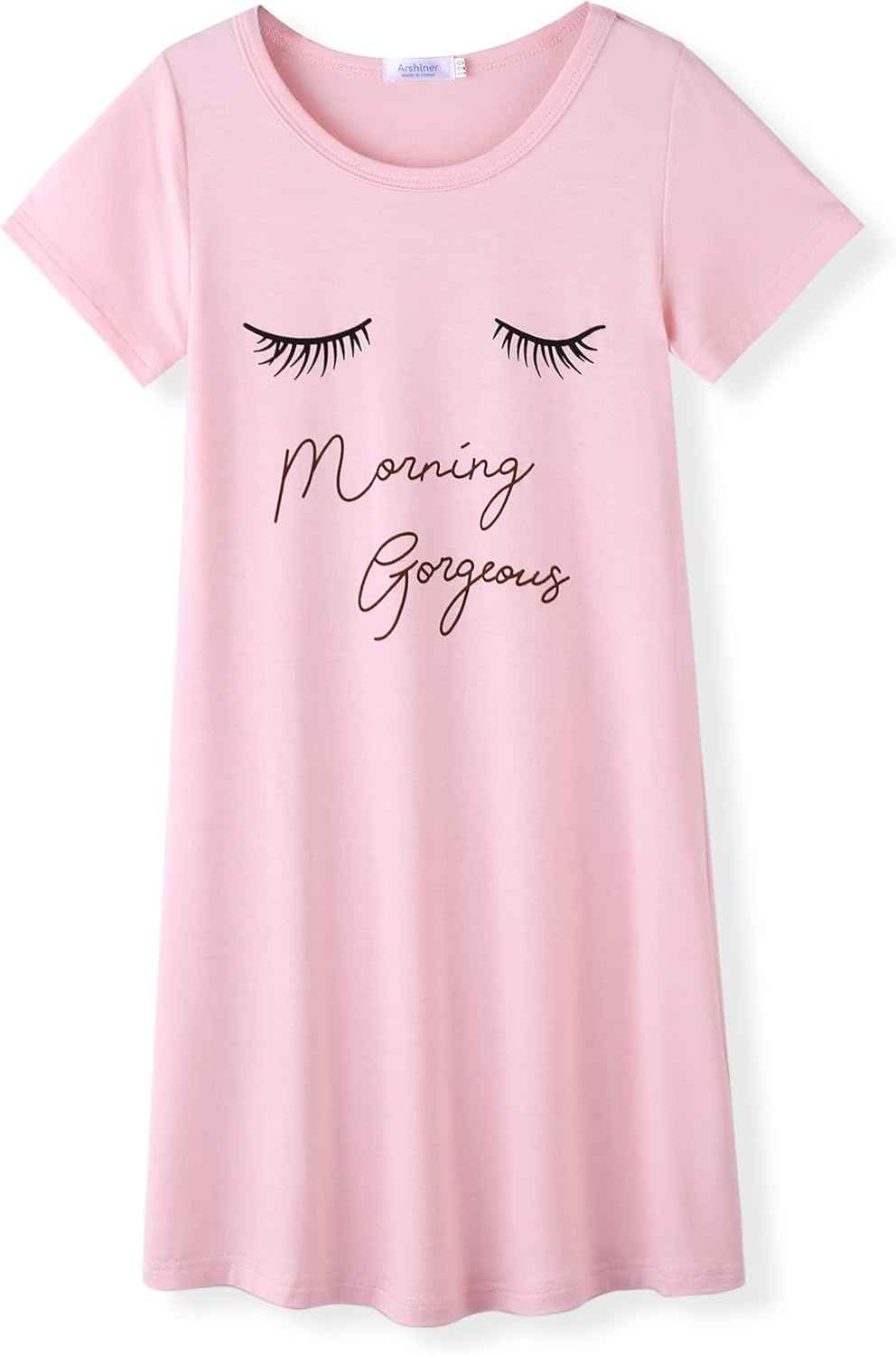 Arshiner Nightdress Girls Short Sleeve Pyjamas Children's Sleep Dress Cat Unicorn Crew Neck Night Dress 4-12 Years
