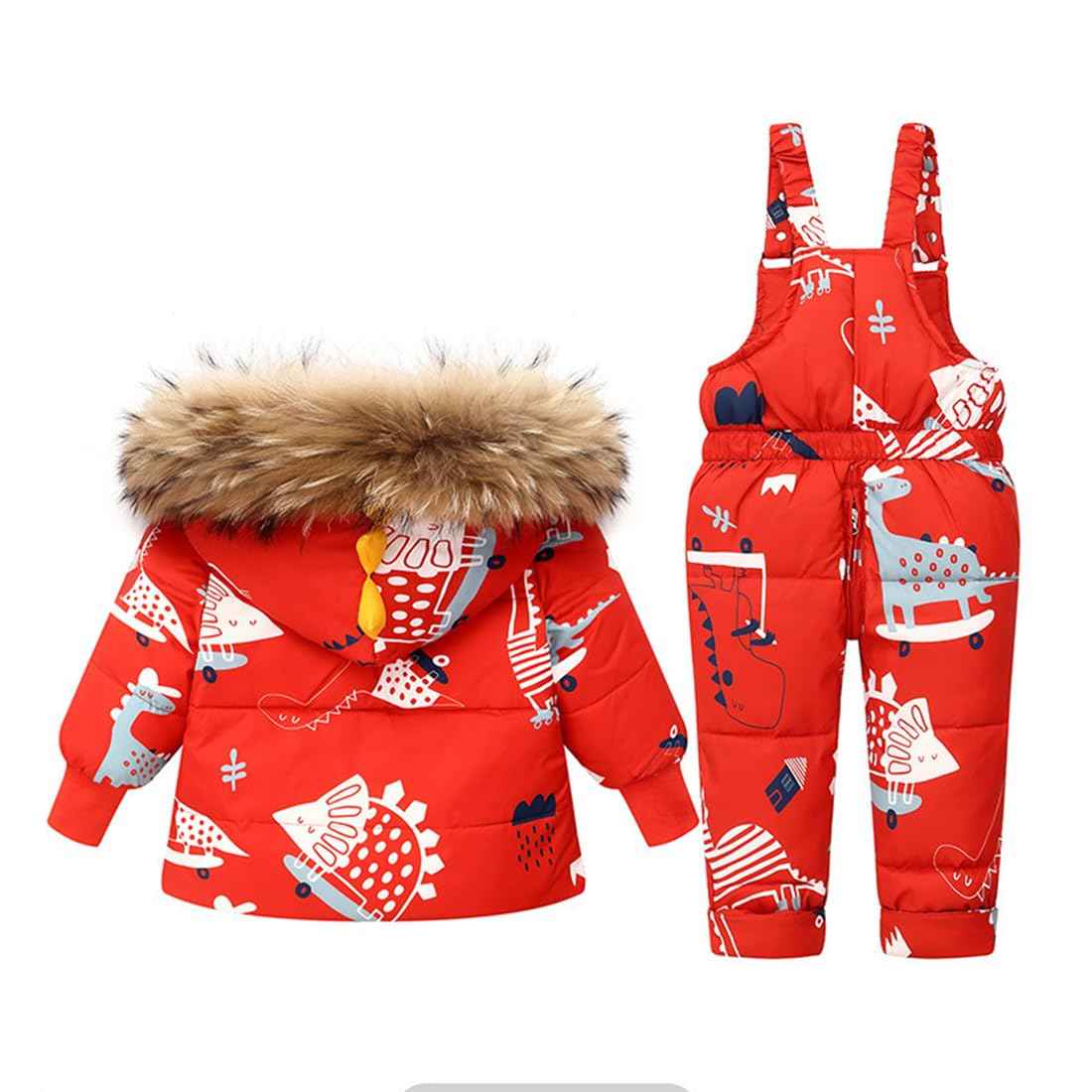 Printed Snowsuits for Baby Girls, 2-Piece Clothing Set, Winter Unisex Children's Down Jacket with Removable Fur Hood with Snow Dungarees, Boys and Girls, Ski Suit Clothing