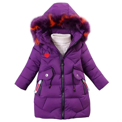 Girls' Winter Jacket Children's Winter Coat Thick Quilted Jacket Long Warm Parka Cotton Jacket Outdoor Coat with Fur Hood and Love Embroidery Print