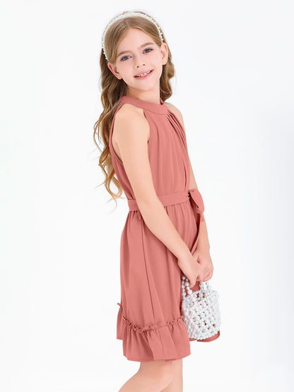 Halomoning Girls Dress Sleeveless Simple Classic Casual Knee Length for Kids Summer Princess Party Wedding Tie Waist A-Line 