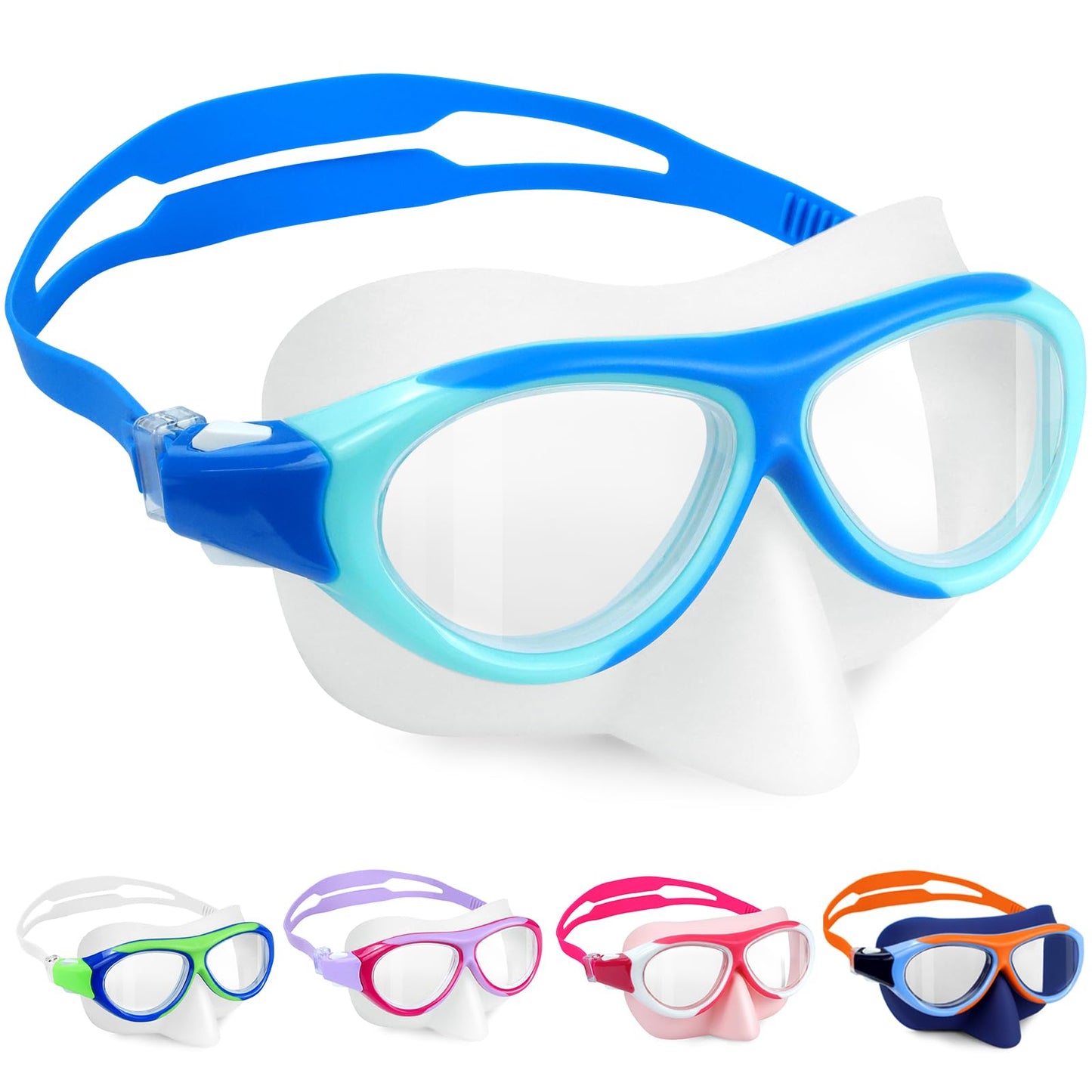 Vvinca Swimming Goggles for Kids with Nose Guard and Fabric Strap, Shatterproof, Anti-Fog and Waterproof for Children 3-14 Years