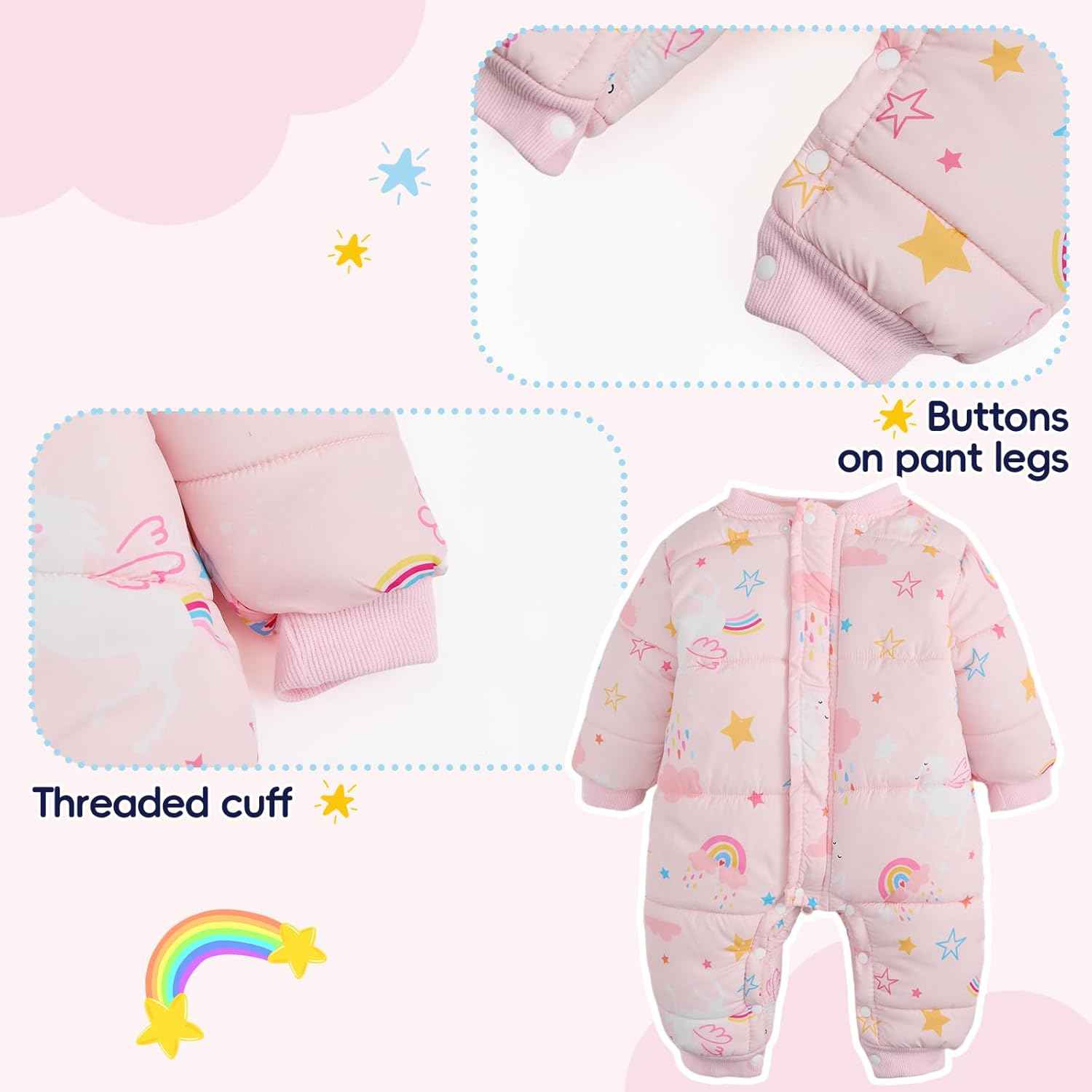 JiAmy Baby Snowsuit, Toddler Winter Romper Girls Boys Winter Jumpsuit with Hood Long Sleeve Jumpsuit Cute Prints for 3-24 Months