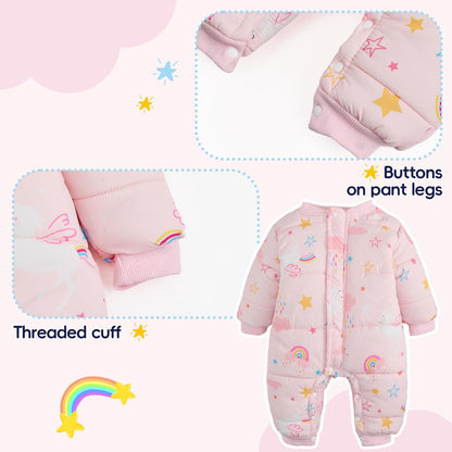 JiAmy Baby Snowsuit, Toddler Winter Romper Girls Boys Winter Jumpsuit with Hood Long Sleeve Jumpsuit Cute Prints for 3-24 Months