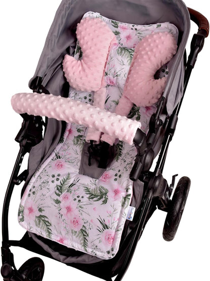 Sitzauflage Kinderwagen Buggy Baby Sommer Kindersitz Einlage Universal - 5tgl Gurtpolster + Spielbogen Kinderwagenset Babyschale (Safari mit beige Minky)