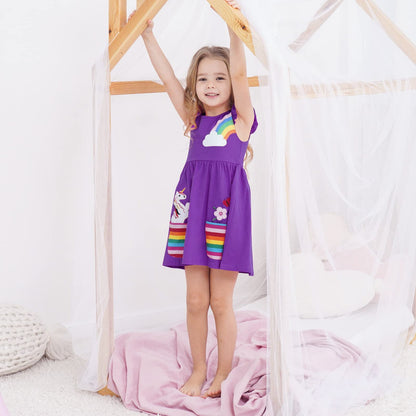 SFreeBo Girls Dresses Unicorn Rainbow Dress Kids Girls Gift Cotton Colourful Dresses for Girls 104 110 116 122 128