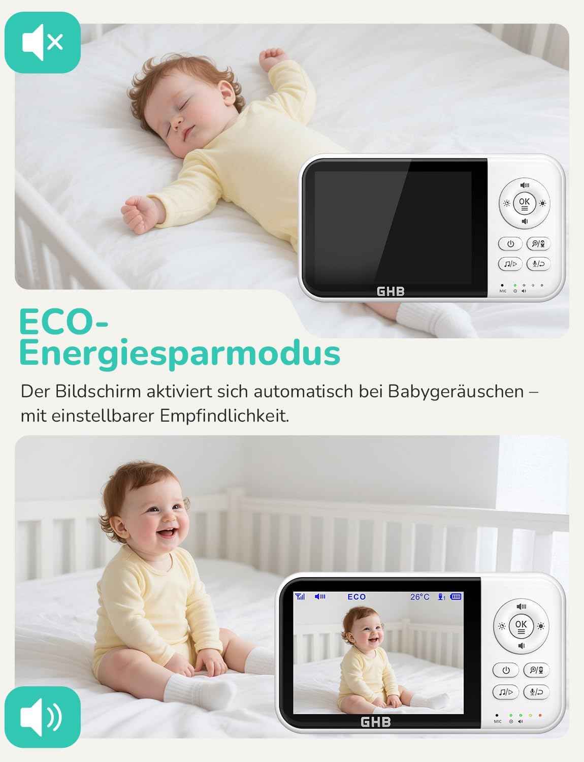 GHB Babyphone mit Kamera Baby Monitor 3,2 Zoll Weiß | 2100 mAh Akku, Max. 60 Std Akku im VOX Modus, Infrarot-Nachtsicht ohne Störlicht, Gegensprechfunktion, Temperatursensor