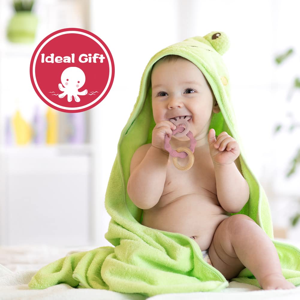 Vicloon Beißring für Babys, Beißring Spielzeug aus Silikon und Holzringe, Baby Zahnungshilfe BPA-frei, Schmerzlindernde Zahnen Nursing Zubehör für ab 3 Monaten Babys(Wal Blau)