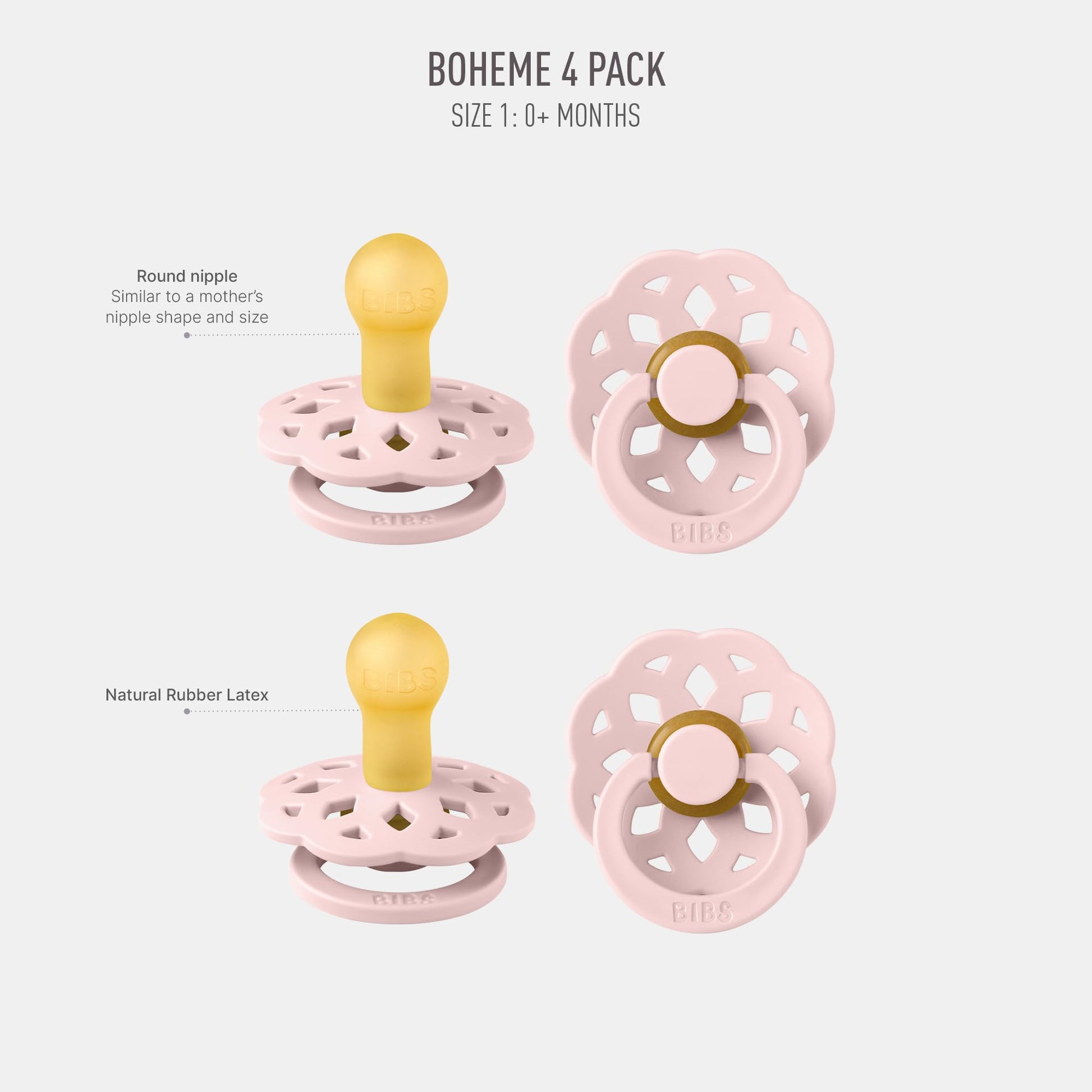 BIBS Boheme Schnuller 4er-Pack. BPA-frei, Kirschform Nippel. Naturkautschuk/Latex, Hergestellt in Dänemark. Größe 1/2, (0-6 Monate/6-18 Monate), (4er Pack), Vanilla Mix - Meloni2