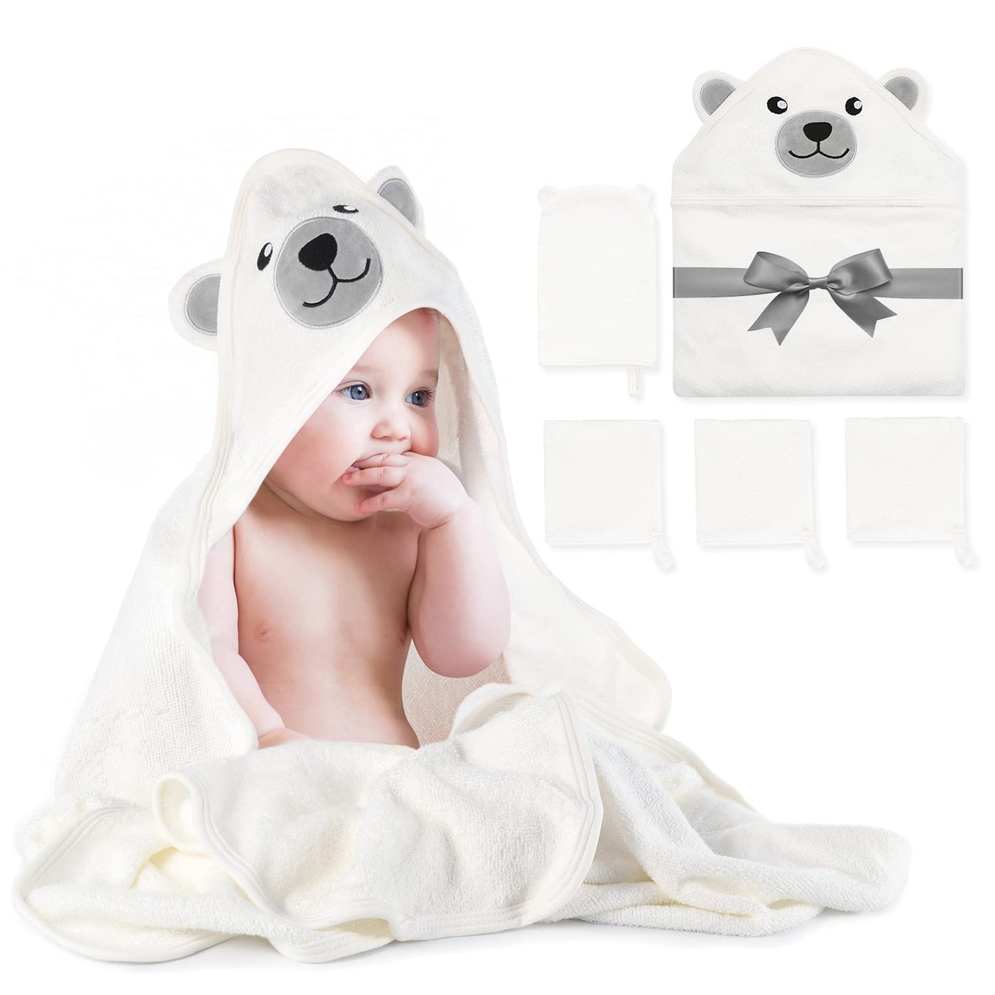 Momcozy Bambus Baby Badetücher Set 5er Pack, Babyhandtuch mit Kapuze , Waschlappen 3 Stück, Baby Bad Handschuh 1 Stück, Extrem Weich, Atmungsaktiv, Geeignet für Mädchen und Jungen