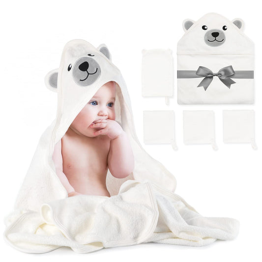 Momcozy Bambus Baby Badetücher Set 5er Pack, Babyhandtuch mit Kapuze , Waschlappen 3 Stück, Baby Bad Handschuh 1 Stück, Extrem Weich, Atmungsaktiv, Geeignet für Mädchen und Jungen