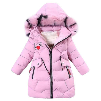 linboo Girls' Winter Jacket Children's Winter Coat Thick Quilted Jacket Long Warm Parka Cotton Jacket Outdoor Coat with Fur Hood and Love Embroidery Print