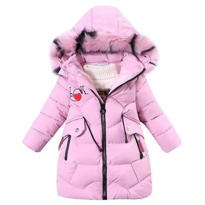 Girls' Winter Jacket Children's Winter Coat Thick Quilted Jacket Long Warm Parka Cotton Jacket Outdoor Coat with Fur Hood and Love Embroidery Print