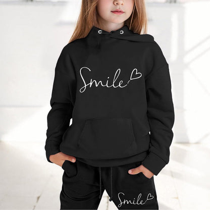 Mädchen 2-teiliges Outfit Herbst Hoodie Lächeln Sweatsuit Sets Kinder 2025 mit Kapuze Ausgehen Sweatanzüge Sweatshirt mit Taschen Grafik Langarm Brief Kordelzug Sweatsuits Sets