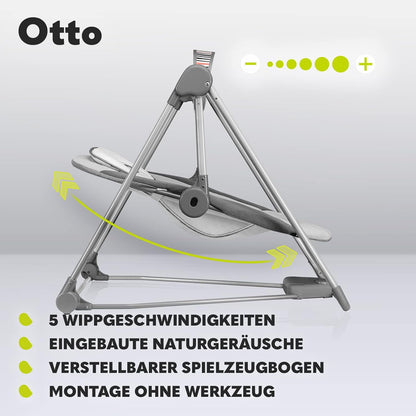 LIONELO Otto Baby Seesaw, Baby Swing, Play Arch with Interactive Toys, 5 Swing Speeds, Nature Sounds, from Birth to 9 kg, Foldable (Cozy Grey) (Pink)