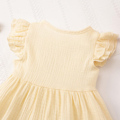 Kleinkinder Mädchen Sommerkleid Rüschenärmel Rundhalsausschnitt Knopfleiste Kleid lässiges Herbst A-Linien Party Kinderkleider 2-6 Jahre