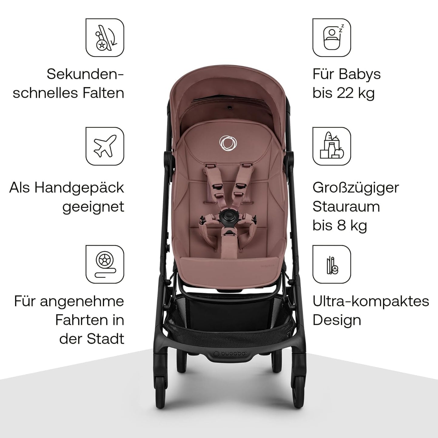 Bugaboo Butterfly 2 Reisebuggy Set – leichter, faltbarer Kinderwagen mit Sicherheitsbügel & Regenabdeckung – Handgepäckgröße, mit Liegefunktion – ab 6 Monaten bis 4 Jahre – Dusty Pink