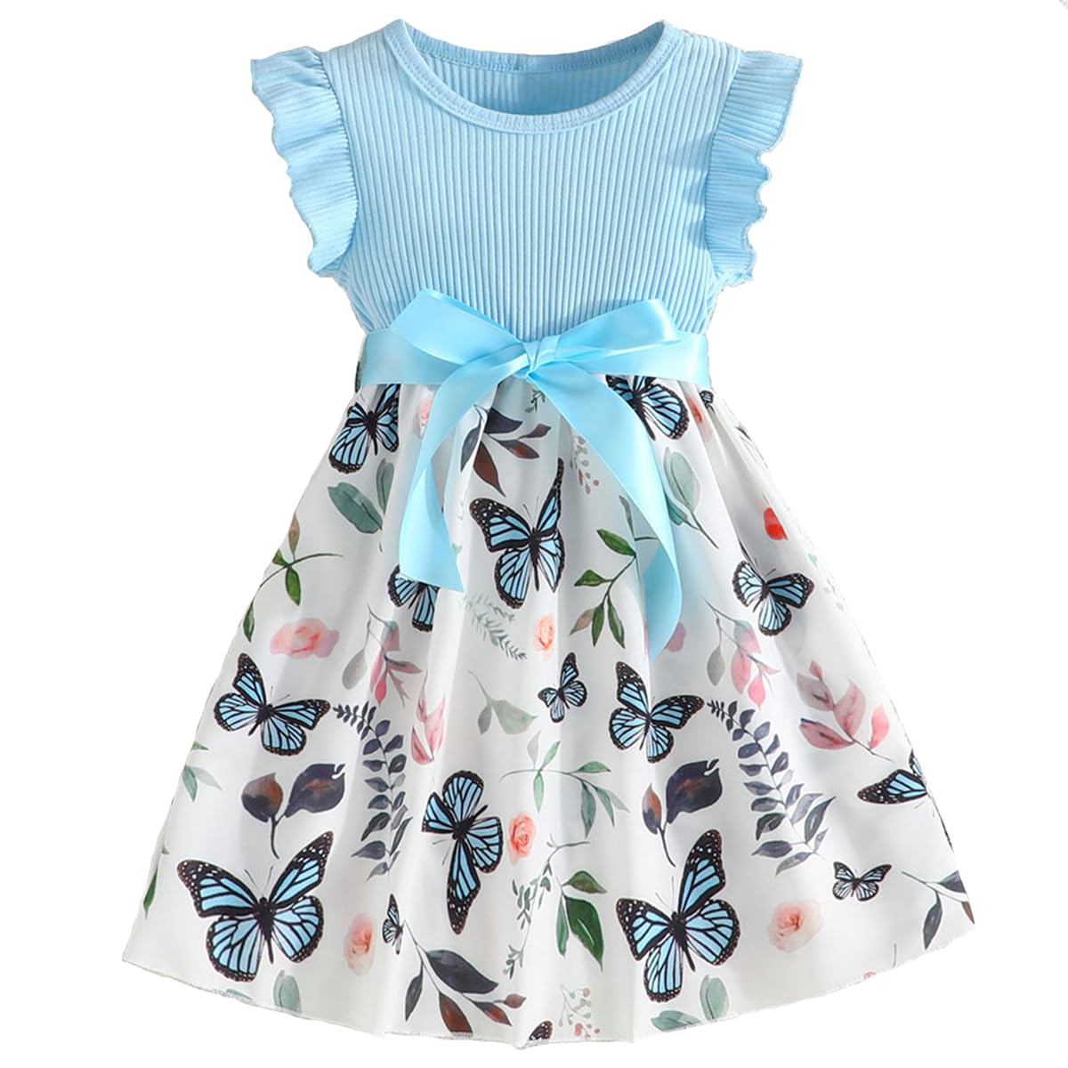 Codkkre Girls Dress Flowers Bowknot Kids Dresses Ruffle Sleeves A-Line Girls Dress Summer Easter Girls Dress Round Neck 104 110 116 122 128 