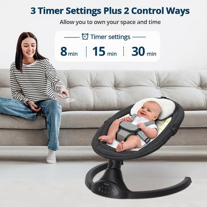 Bioby Elektrische Babywippe | Babyschaukel mit 5-Punkt-Gurt & 5 Schaukelmodi, Leicht & Sicher Wippe Baby Elektronisch mit Bluetooth-Musik & Fernbedienung, für 0-12 Monate (2-9 kg), Grau