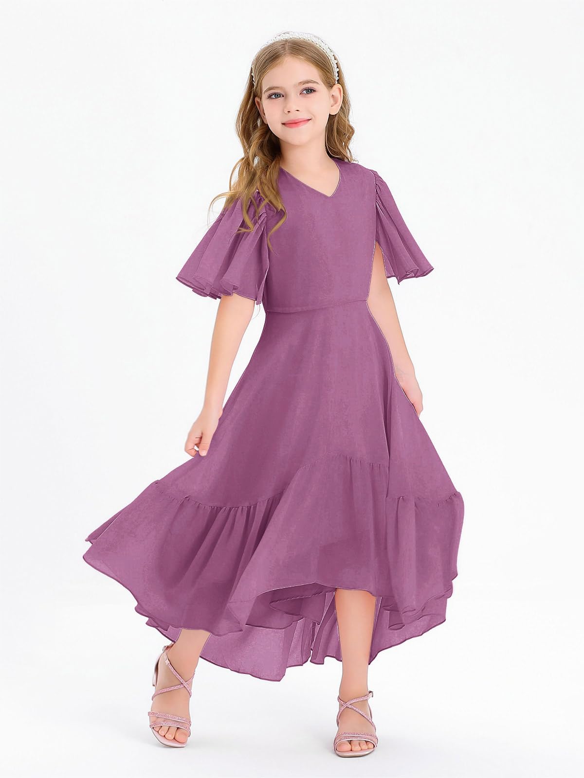 Haloumoning Mädchen Sommerkleid V-Ausschnitt Rüschenkleider Casual A Line Kleid Flowy Hoch Niedrig Lang Partykleid Elegant Langes Abendkleid