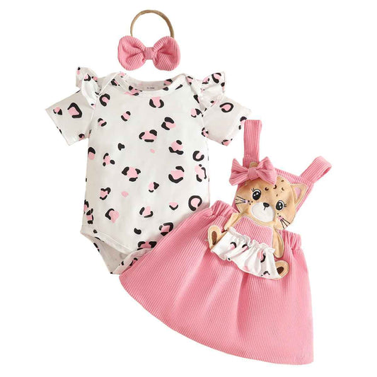 Neugeborenes Baby Mädchen Röcke Sets Kurzarm Rüschen Top + Bedrucktes Overalls Hosenträger Kleid + Stirnband Sommer Kleidung Outfits Set