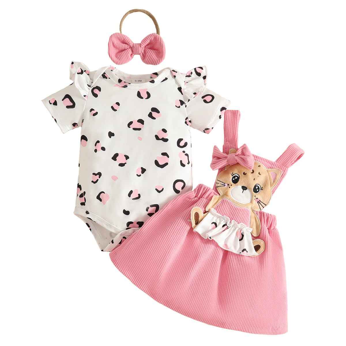Neugeborenes Baby Mädchen Röcke Sets Kurzarm Rüschen Top + Bedrucktes Overalls Hosenträger Kleid + Stirnband Sommer Kleidung Outfits Set