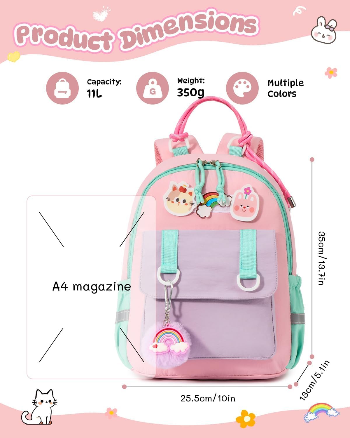 PROTAURI Kindergartenrucksack Mädchen 3-7 Jahre 11.6L Katze Hase, Rosa | mit Brustgurt reflektierend wasserabweisend leicht atmungsaktiv ergonomisch DIN A4 3D Patches 3D Tier Design