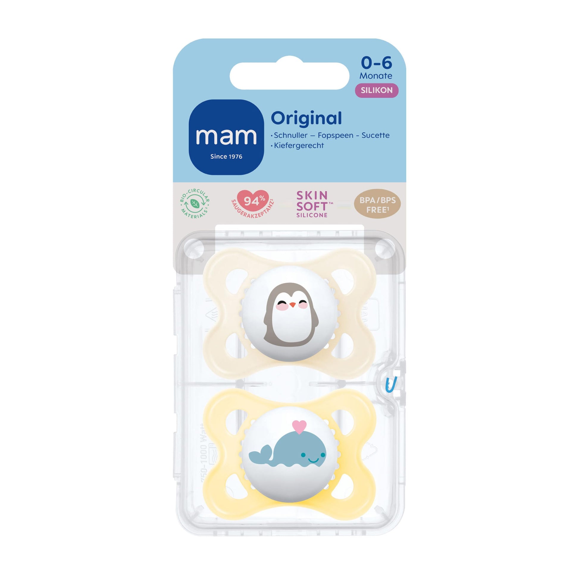 MAM Original Schnuller im 2er-Set, zahnfreundlicher Baby Schnuller aus nachhaltigen & bio-erneuerbaren Materialien, Sauger aus MAM SkinSoft Silikon, mit Schnullerbox, 0-6 Monate, Hase/Reh - Meloni2