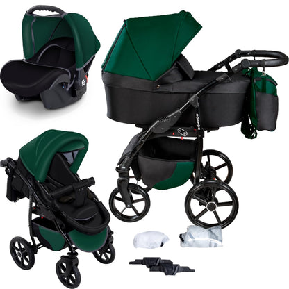 GaGaDumi Boston Kinderwagen 3 in 1 Komplettset mit Autositz - Kombikinderwagen mit großen Rädern - TÜV-zertifiziert - Baby Stroller Set - für Neugeborene und Kleinkinder Schwarz