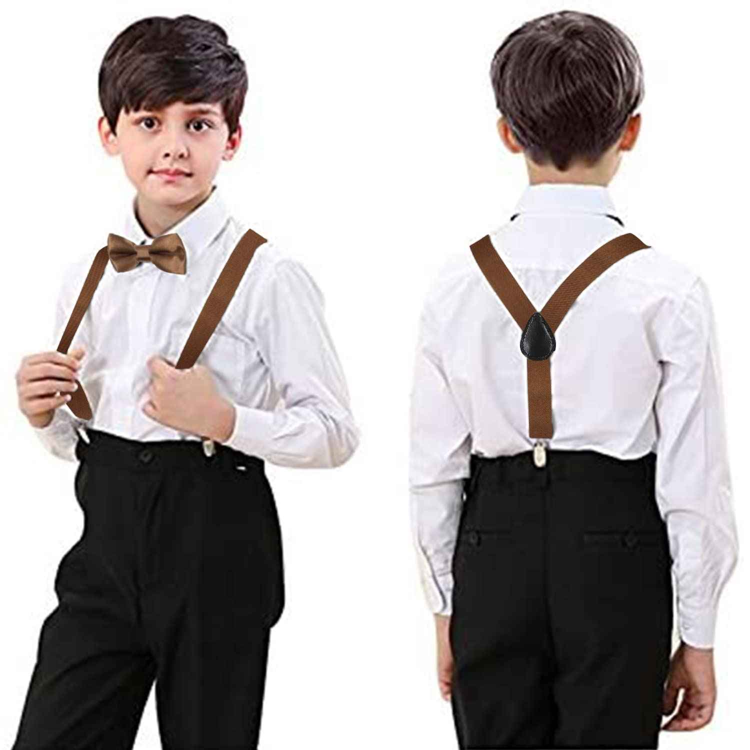 HANERDUN Unisex Boys Girls Bow Tie Braces with Three Clothes Clips on Waistband