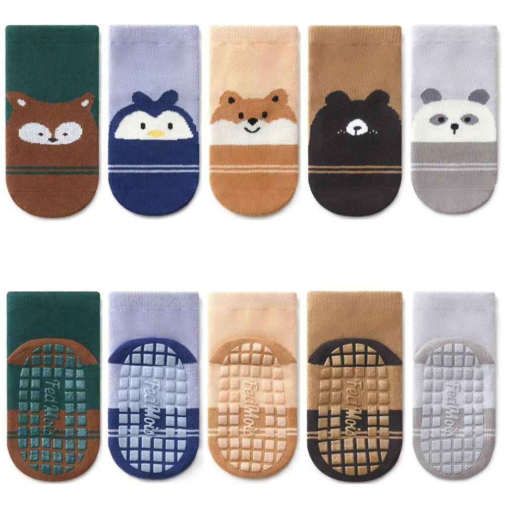 Pack of 5 Baby Toddler ABS Non-Slip Socks, Trainer Socks, Animal Motifs, Cotton