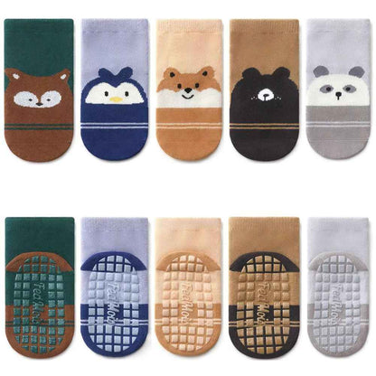 Pack of 5 Baby Toddler ABS Non-Slip Socks, Trainer Socks, Animal Motifs, Cotton