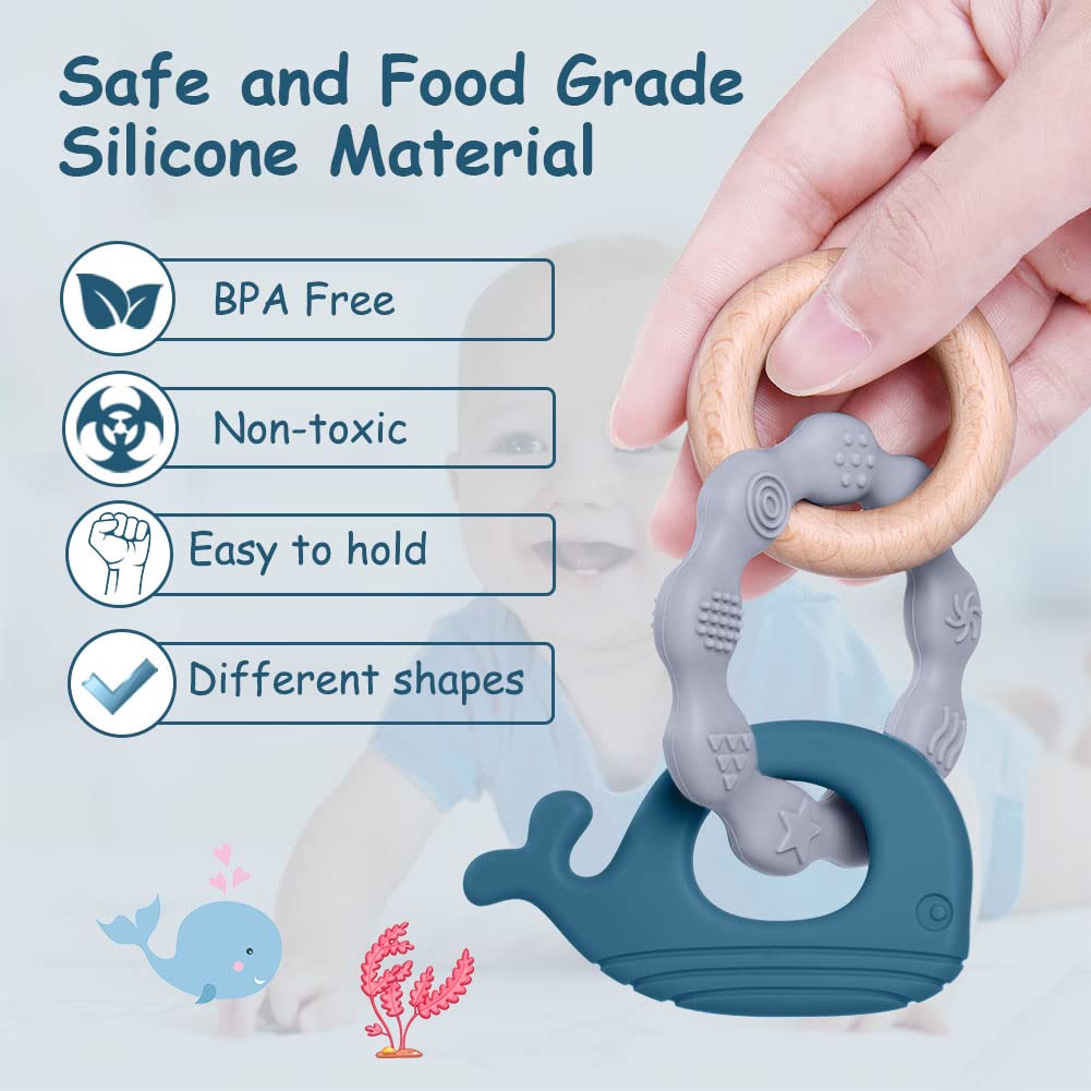 Vicloon Beißring für Babys, Beißring Spielzeug aus Silikon und Holzringe, Baby Zahnungshilfe BPA-frei, Schmerzlindernde Zahnen Nursing Zubehör für ab 3 Monaten Babys(Wal Blau)