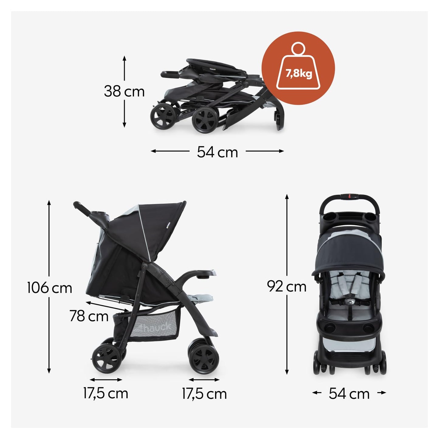 hauck Shopper Neo II, Schwarz Grau - Kinderbuggy mit Liegeposition ab Geburt bis 22 kg, 2x Tablett mit Getränkehalter, Einhändig Klein Zusammenklappbar, Tasche im Verdeck, XL Korb
