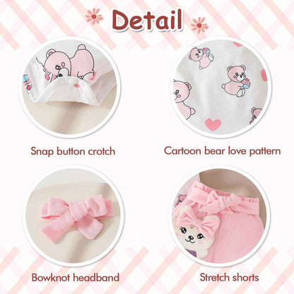 Baby Mädchen Kleidung Sets, Kurze Ärmel Snap Knopf Schritt Rundhalsausschnitt Karikatur Bär Love Herz Dehnen Shorts Schleifenknoten Stirnband Sommerkleidungs-Sets Klamotten, Rosa 0-18 Monate