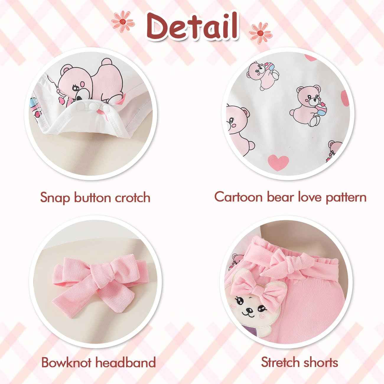 Baby Mädchen Kleidung Sets, Kurze Ärmel Snap Knopf Schritt Rundhalsausschnitt Karikatur Bär Love Herz Dehnen Shorts Schleifenknoten Stirnband Sommerkleidungs-Sets Klamotten, Rosa 0-18 Monate
