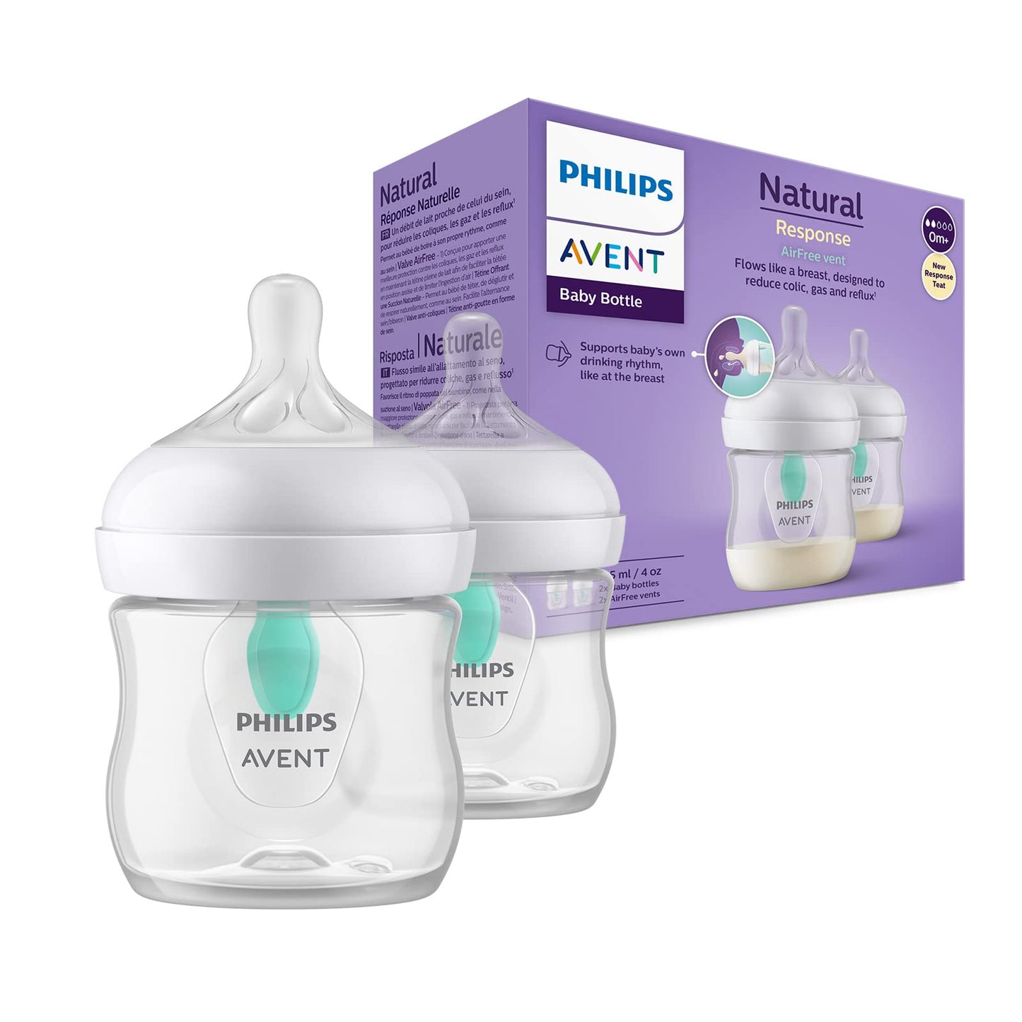 Philips Avent Babyflaschen Natural Response – 2x Babyflaschen mit AirFree Ventil, 125 ml, BPA-frei, für Neugeborene ab 0 Monaten (Modell SCY670/02) - Meloni2