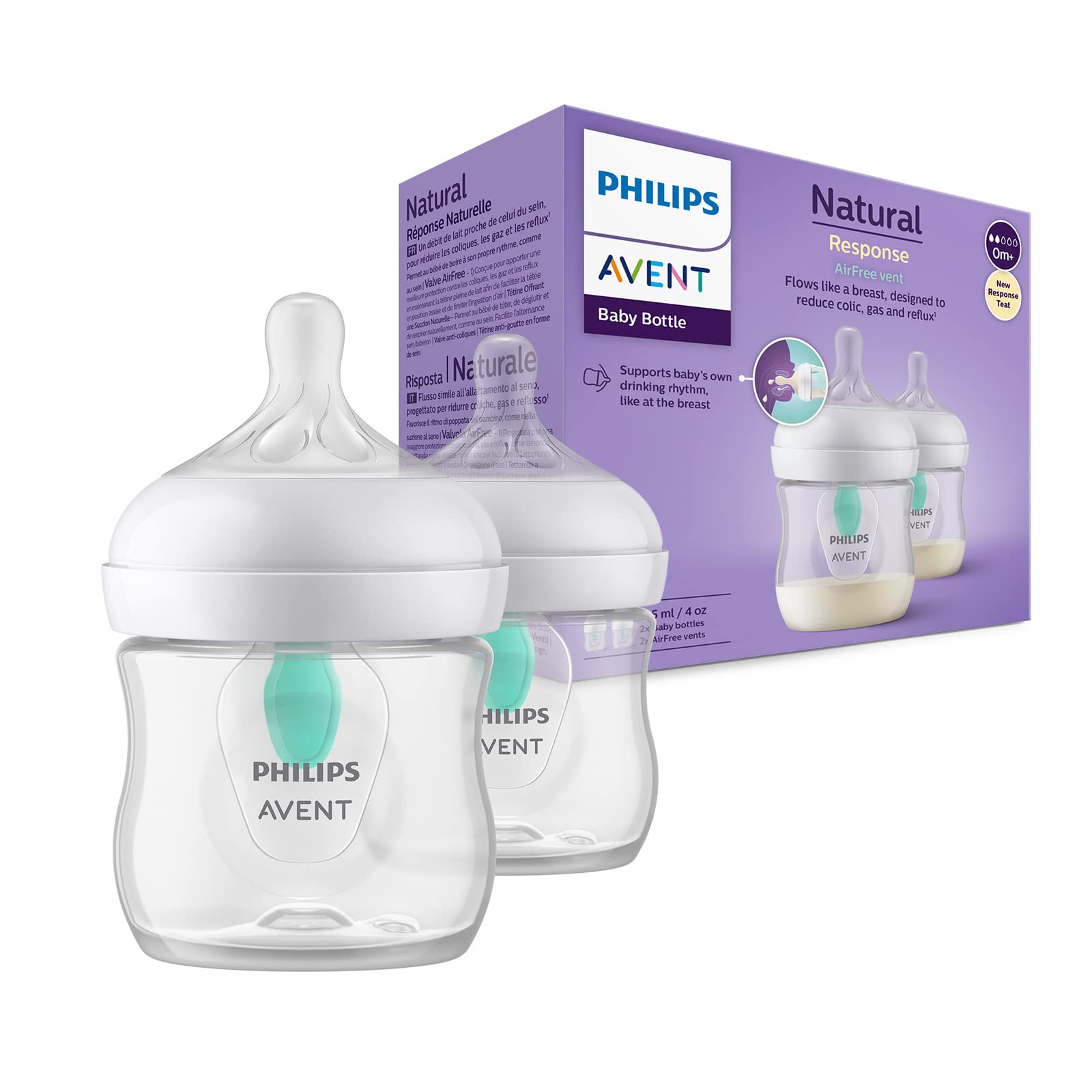 Philips Avent Babyflaschen Natural Response – 2x Babyflaschen mit AirFree Ventil, 125 ml, BPA-frei, für Neugeborene ab 0 Monaten (Modell SCY670/02) - Meloni2