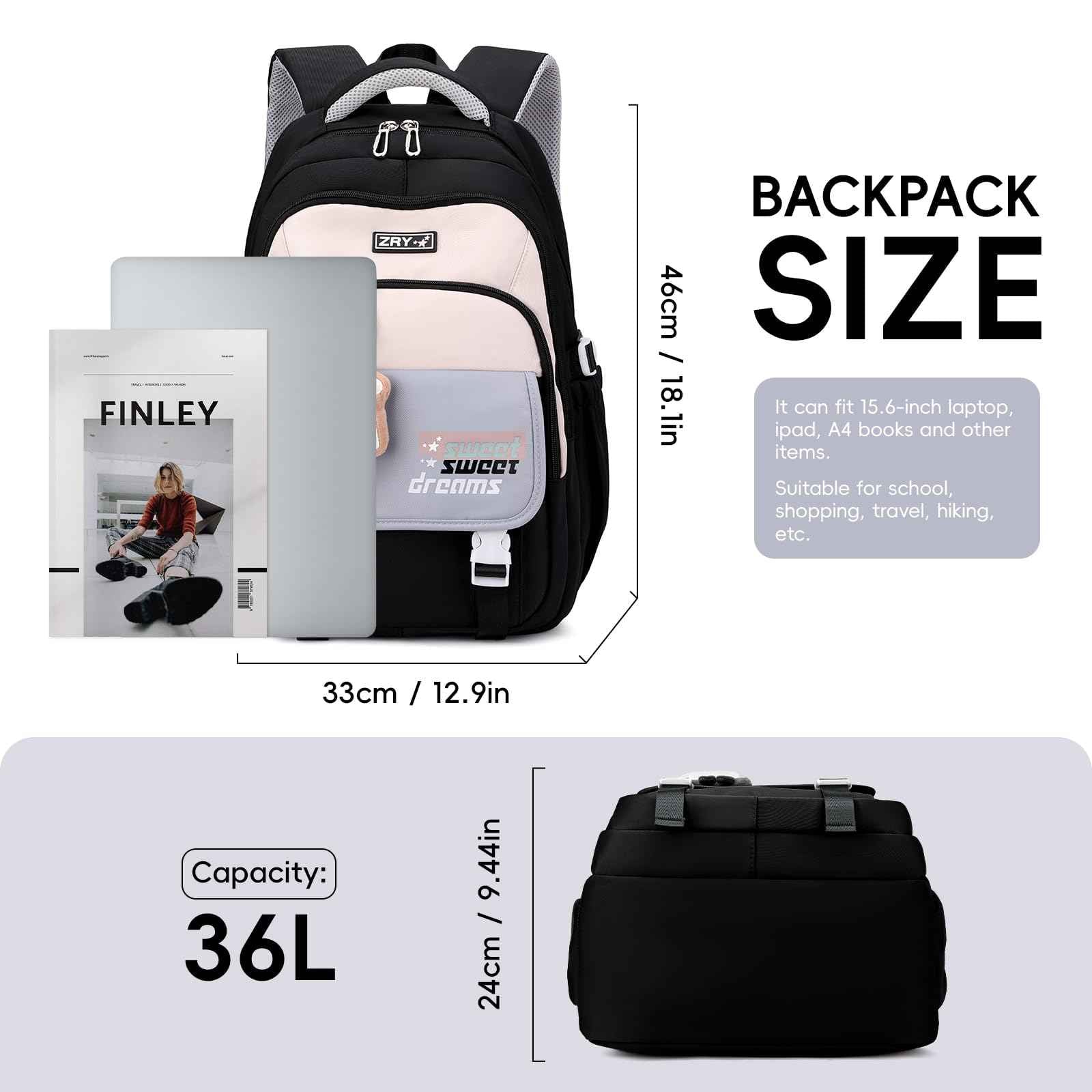 School Backpack Teenager - 36L School Bag for Girls from 5th Grade, Large Backpack for Middle and High School, Casual Children's Backpack with Cute Pendant and Trolley Strap, black, Rucksack