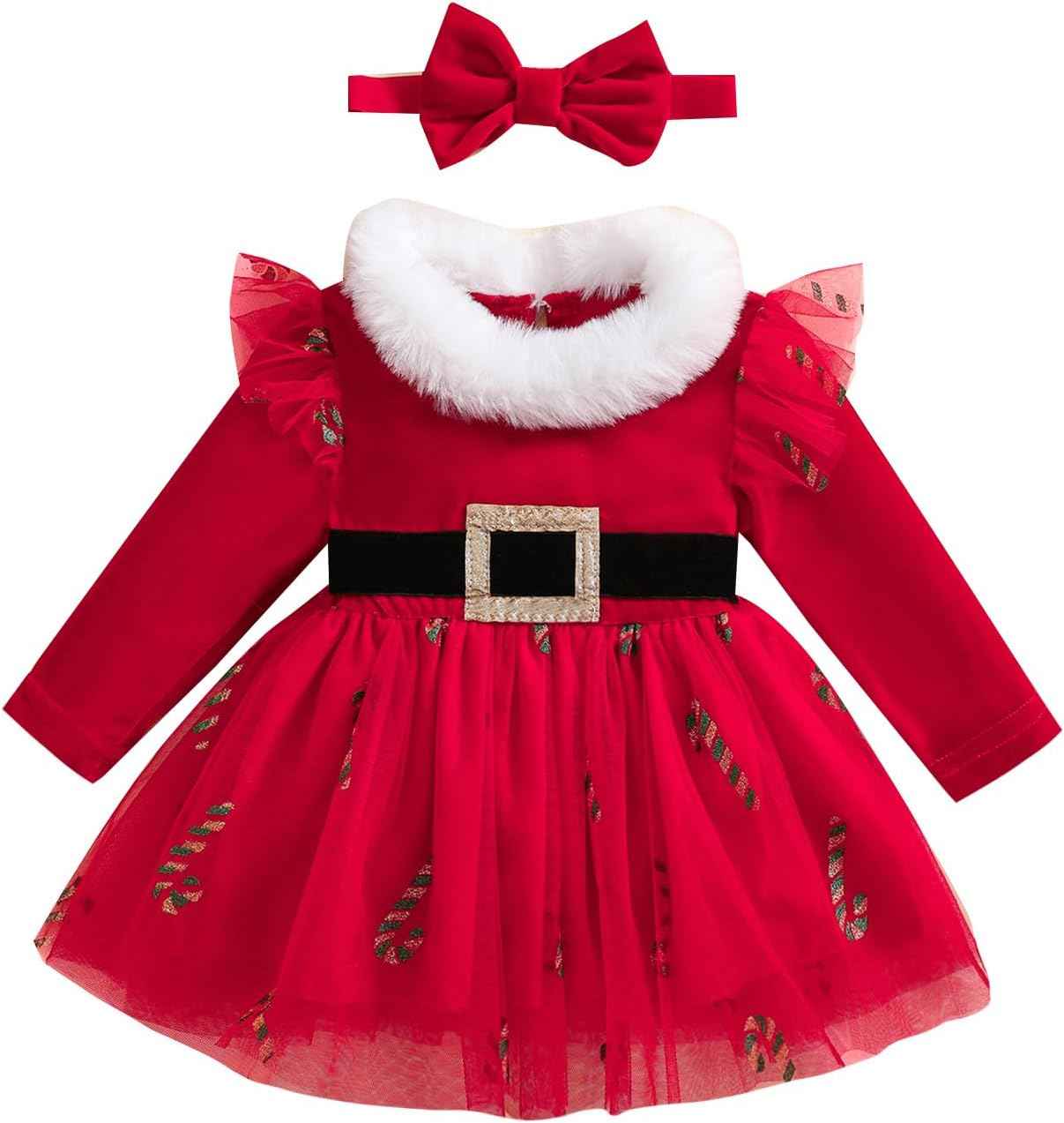 Geagodelia Girls Christmas Dress Long Sleeve Elegant Red Winter Dresses and Headband Set for Newborn Christmas