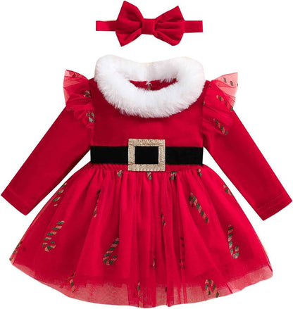 Geagodelia Girls Christmas Dress Long Sleeve Elegant Red Winter Dresses and Headband Set for Newborn Christmas