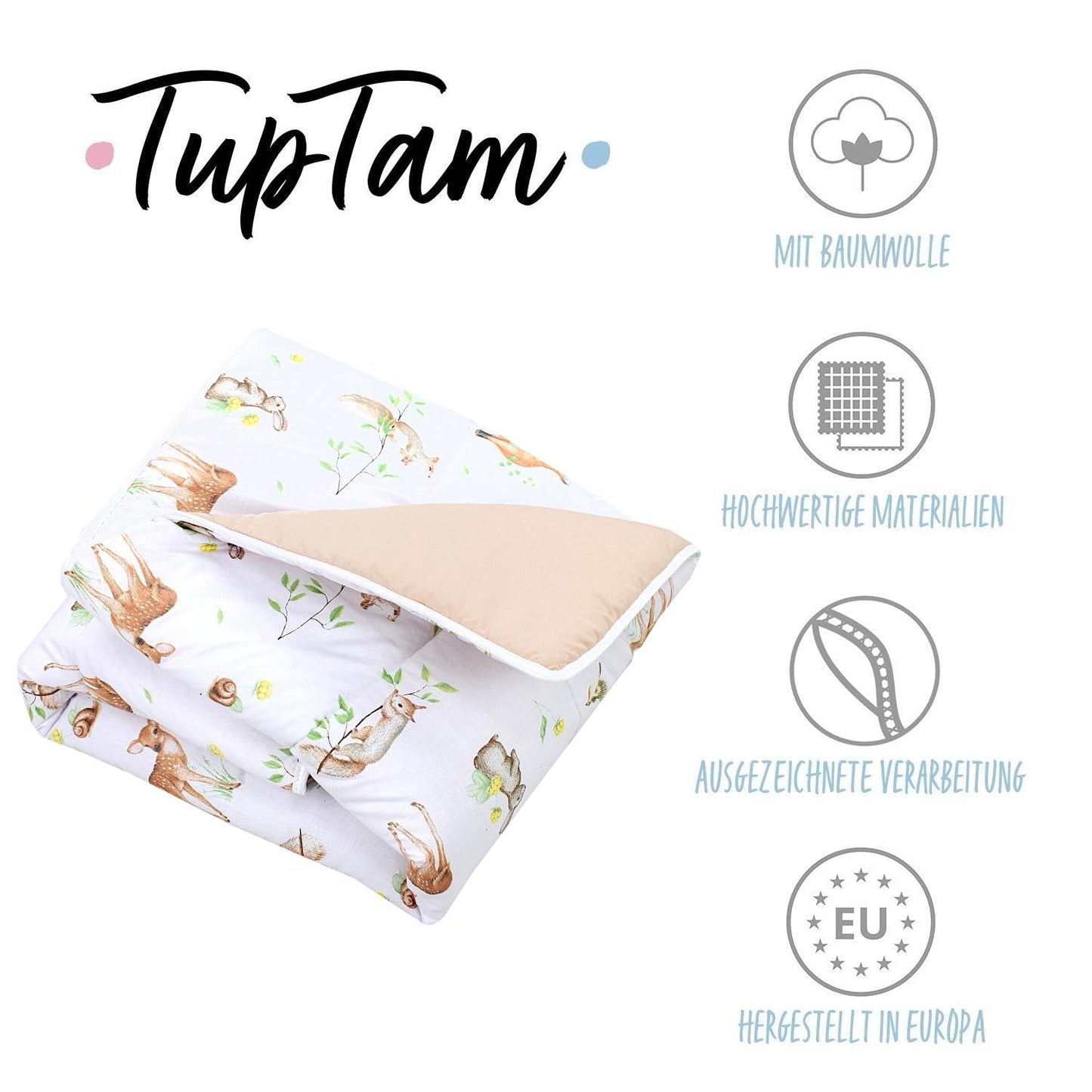 TupTam Krabbeldecke für Baby 120x120 cm - Gepolsterte Spieldecke Baby Baumwolle, XXL, OEKO-TEX, Weich & Hautfreundlich, Farbe: Wald/Beige