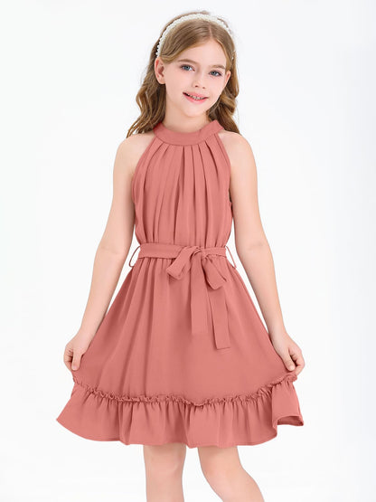 Halomoning Girls Dress Sleeveless Simple Classic Casual Knee Length for Kids Summer Princess Party Wedding Tie Waist A-Line 