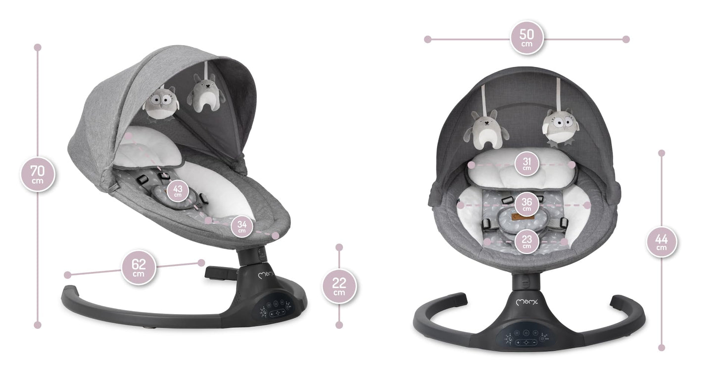 MoMi KENANI baby bouncer for children up to 9 kg, foldable, with remote control &amp; Bluetooth for connecting to a smartphone, battery or power connection, with 5-point safety belt, sun protection, insect net 